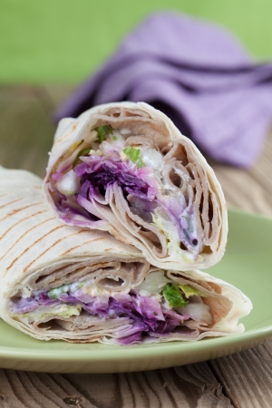 Tortilla wraps with kebab, tzatziki and fresh saladの写真素材