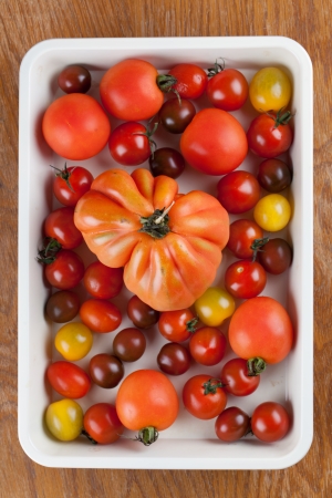 Yellow, red and black tomatoes on baking sheetの写真素材