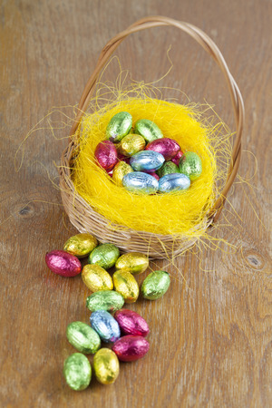 Colorful chocolate Easter eggs in a basket  Shallow dofの写真素材