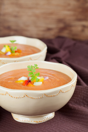 Healthy, delicious and refreshing Spanish cold soup gazpacho in bowlsの写真素材