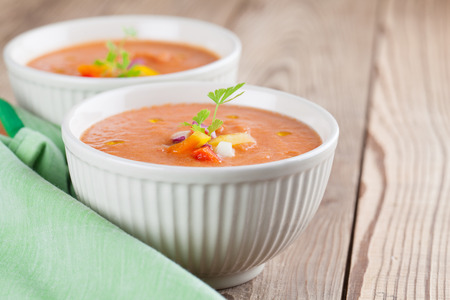 Healthy, delicious and refreshing Spanish cold soup gazpacho in bowlsの写真素材