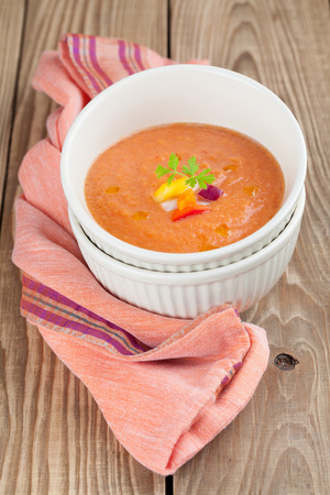 Healthy, delicious and refreshing Spanish cold soup gazpacho in bowlsの写真素材