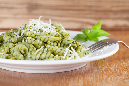 Fusilli with freshly made pesto genovese and grated parmesanの写真素材