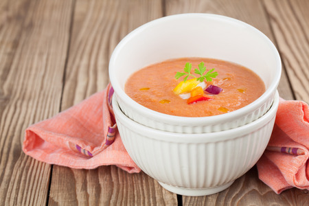 Healthy, delicious and refreshing Spanish cold soup gazpacho in bowlsの写真素材