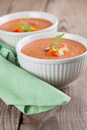 Healthy, delicious and refreshing Spanish cold soup gazpacho in bowlsの写真素材