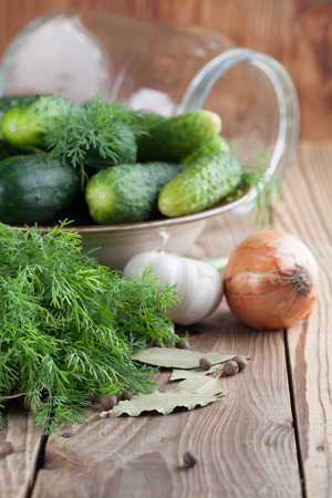 Bowl with fresh cucumbers, dill, garlic, onion, bay leaf and allspice â ingredients for pickle makingの写真素材