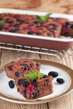 Gingerbread cake with mulberries and red currants. Shallow dofの写真素材
