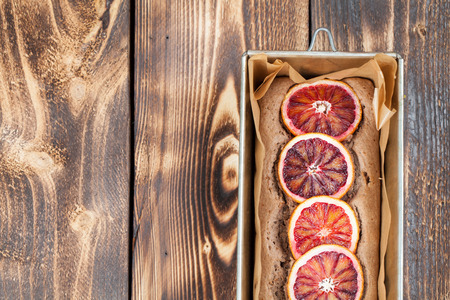 Healthy and delicious spelt cake with blood orangesの写真素材