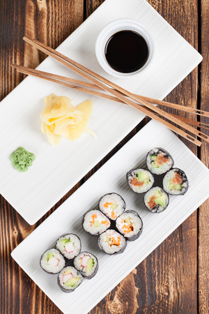Maki sushi set with ginger, wasabi and soy sauce. Shallow dofの写真素材