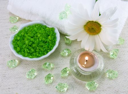 Marine salt with the aroma of geranium and camomile for aromatherapyの写真素材