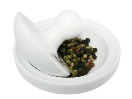 Porcelain mortar for grinding spices on a white background close-upの写真素材