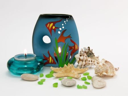 Marine bath salt, aroma lamp and aroma candle for aromatherapy and relaxの写真素材