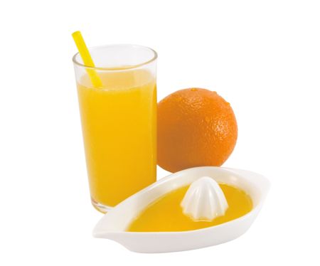 Fresh natural orange juice on a white backgroundの写真素材