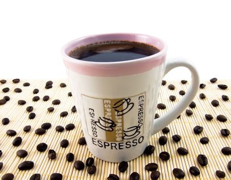 Cup of fragrant coffee and coffee beans の写真素材