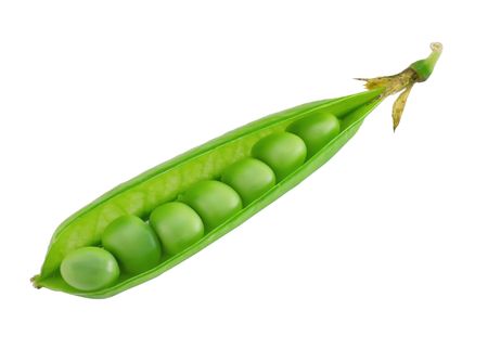 Open the pod ripe sweet green peas close-up on a white backgroundの写真素材