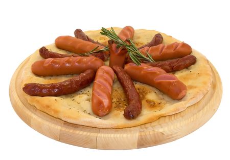 Grilled hot sausages and frankfurters on the pita bread on a white backgroundの写真素材