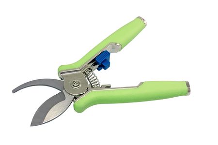 Small garden scissors for pruning flowers on a white の写真素材