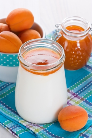Fresh homemade apricot yogurt in glass and jamの写真素材