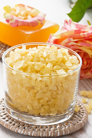 Bath sea salt for body care with soap and roseの写真素材