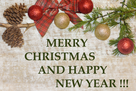 Christmas postcard frame on wooden background. For greeting card. Red, golden and white. Xmas wallpaperの写真素材