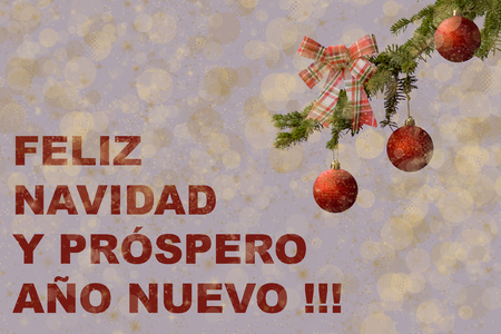 Fir tree with red glitter balls on white background. Bokeh effects. Christmas postcard. "Feliz Navidad "の写真素材