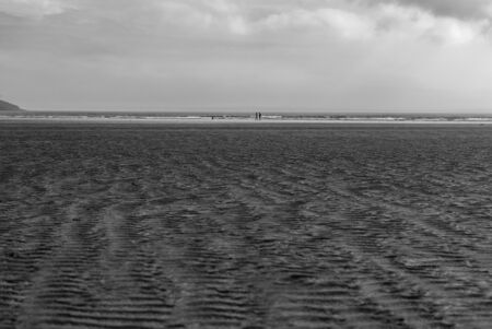 Couple with a dog walking and playing on sandy beach leaving footprints in the sand. Family enjoying the day. Cloudy day.の写真素材