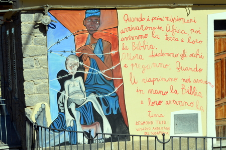 ORGOSOLO ITALY 4 October 2015 Murals in Orgosolo Italy Since about 1969 the wall paintings reflect different aspects of Sardinia's political struggles and international issuesのeditorial素材