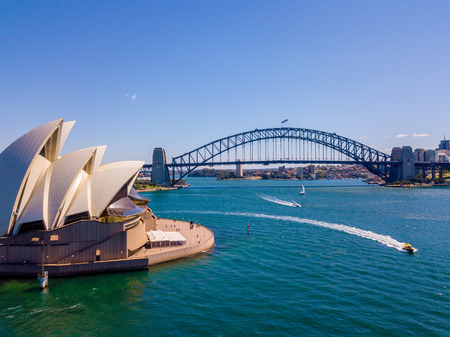 Amazing aerial view of the Sydney city from above with Harbour bridge, Opera house ant the harbour. April 10, 2016. Sydney, Australia.のeditorial素材