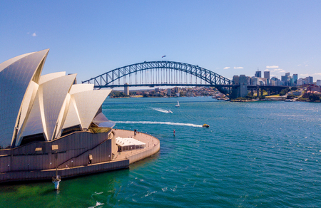 Beautiful panorama of the Sydney harbour district with Harbour bridge, Botanical garden and the Opera building. April 10, 2016.のeditorial素材