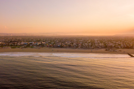 Fresh sunrise morning at the Venice beach in Los Angeles. Aerial view from above in USA. View on the Santa Monica pier.の写真素材