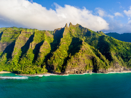 Amazing panoramic view of the Na Pali coastline cliffs from above. Aerial scene. Beautiful Hawaii islands. Paradise on earth.の写真素材
