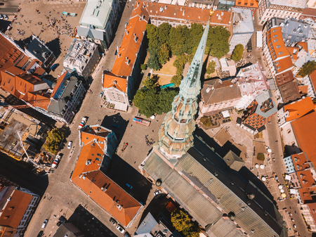 Aerial view of the bell tower of St. Peter's Cathedral in Riga, Latvia.のeditorial素材