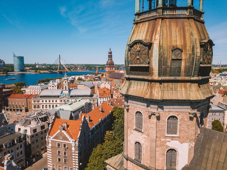 Beautiful aerial Riga view from above with golden rooster on the top of the St. Peters church and old town of Vecriga.のeditorial素材