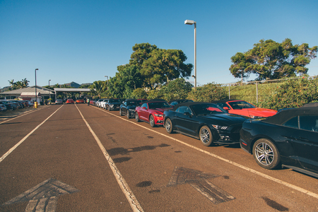 Hundreds of Ford Mustangs standing in a row on the Hawaii islands. Honolulu, USA. August 30, 2017.のeditorial素材