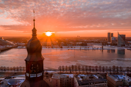 5 January 2019. Riga, Latvia. Beautiful Dome cathedral view with 1727 number, the year it got renovated. Aerial view of the Riga during sunset.の写真素材
