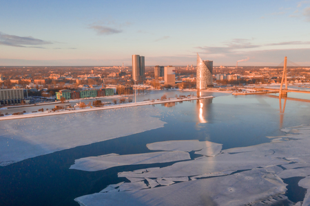 5 January 2019. Riga, Latvia. Aerial winter sunset over Riga old town and river Daugava in Latvia.の写真素材