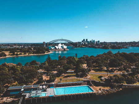 Aerial view of the outside pool in the harbour park in Sydney. Sydney. Australia. August 30, 2017.のeditorial素材