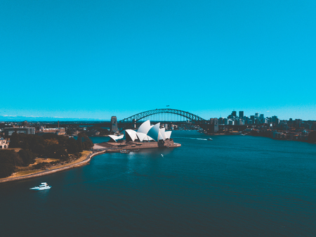 Beautiful panorama of the Sydney harbour district with Harbour bridge, Botanical garden and the Opera building. Sydney. Australia. August 30, 2017.のeditorial素材