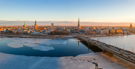 5 January 2019. Riga, Latvia. Aerial winter sunset over Riga old town and river Daugava in Latvia.の写真素材