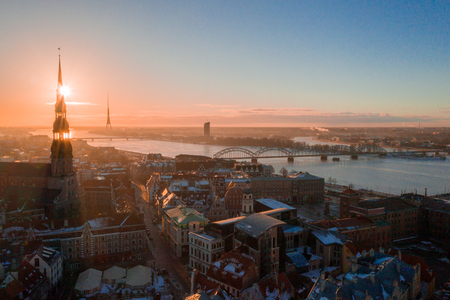 5 January 2019. Riga, Latvia. Aerial winter sunset view over Riga old town with Dome cathedral and river Daugava in Latvia.の写真素材