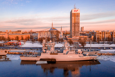 January 25, 2019. Riga, Latvia. The German frigate F 221 Hessen visiting Riga, Latvia docked near...