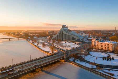 5 January 2019. Riga, Latvia. Aerial winter sunset view over Riga old town with Dome cathedral and...