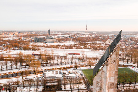 Riga, Latvia, February 14, 2018: The Victory Memorial to Soviet Army in Agenskalns. Created 1985 to commemorate the Soviet Army's victory over Nazi Germany in World War II.のeditorial素材