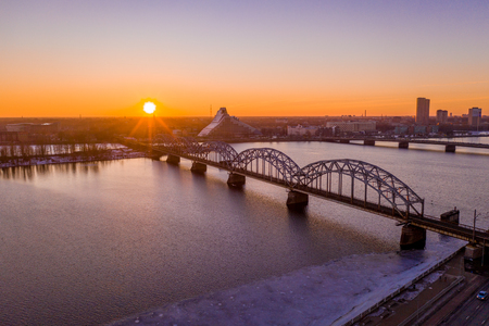 5 January 2019. Riga, Latvia. Beautiful aerial winter view over Riga old town with Dome cathedral and river Daugava during sunset. Amazing Latvia.の写真素材