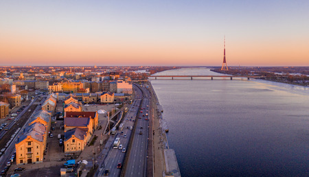 5 January 2019. Riga, Latvia. Beautiful aerial winter view over Riga old town with Dome cathedral and river Daugava during sunset. Amazing Latvia.の写真素材