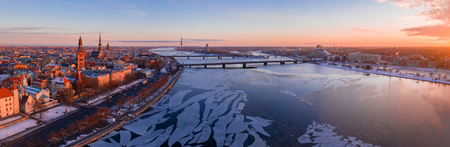 5 January 2019. Riga, Latvia. Aerial winter sunset view over Riga old town with Dome cathedral and...