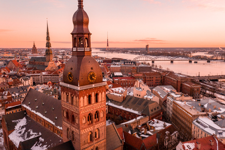 5 January 2019. Riga, Latvia. Beautiful view of the Riga old town during sunny winter day.の写真素材