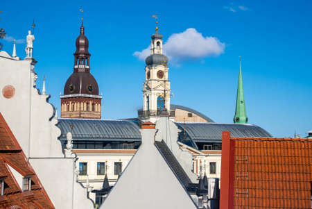 Beautiful aerial Riga old town view. Orange rooftops of the old town.の写真素材