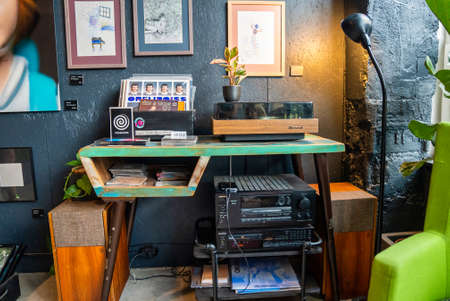 Close-up, vintage record player, While playing the record, Black platter.のeditorial素材