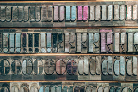 Old typography printing machine with letter samples.の写真素材